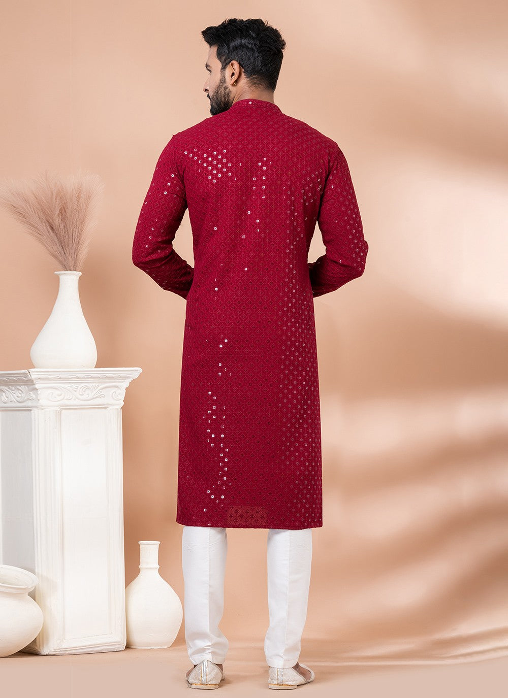 Embroidered Rayon, Viscose Red Kurta Pyjama - M7016