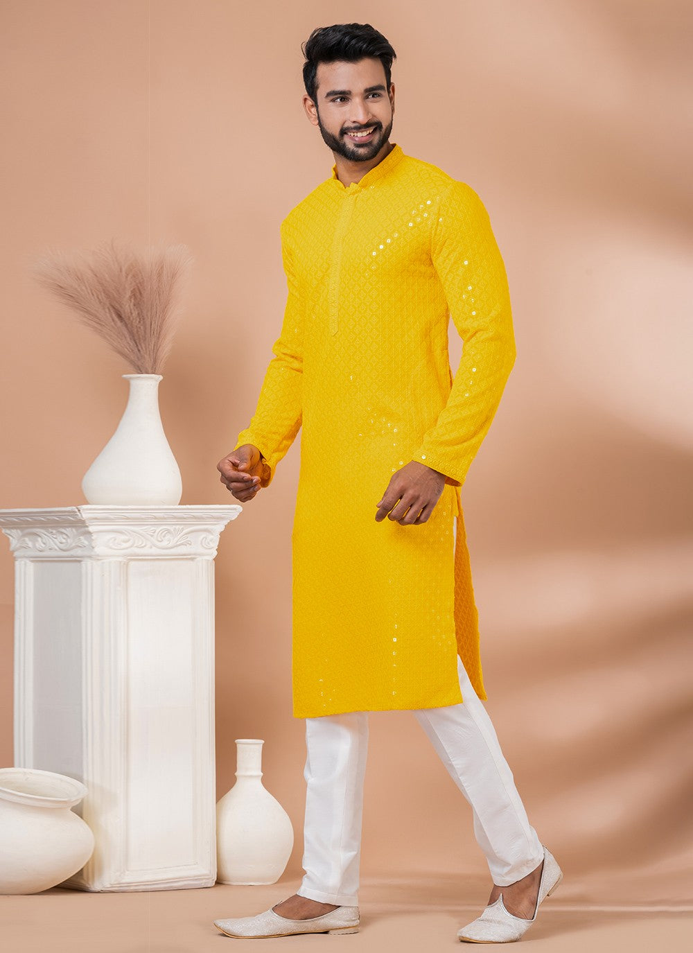 Embroidered Rayon, Viscose Yellow Kurta Pyjama - M7015