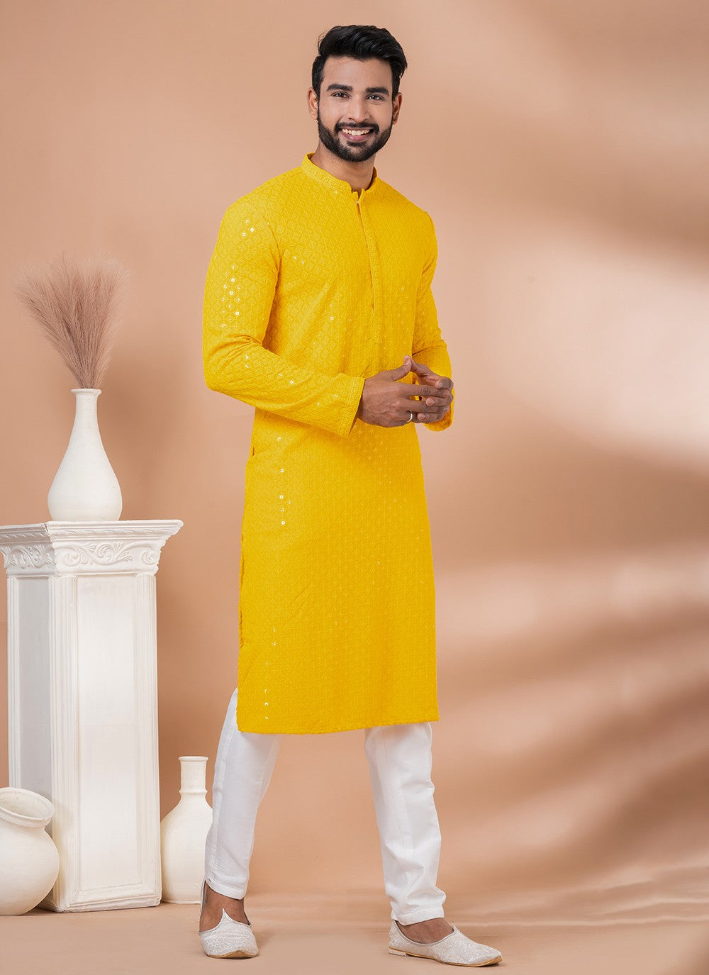 Embroidered Rayon, Viscose Yellow Kurta Pyjama - M7015