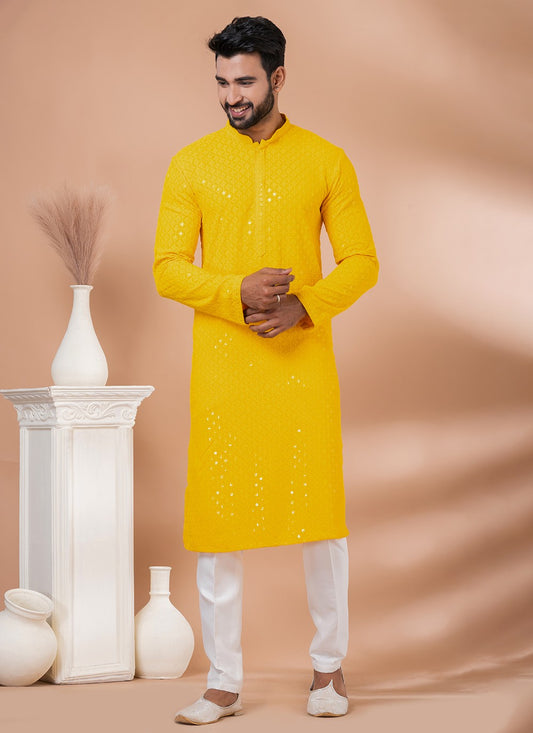 Embroidered Rayon, Viscose Yellow Kurta Pyjama - M7015