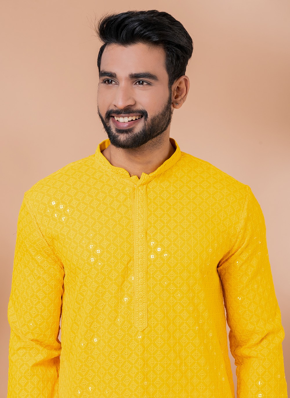 Embroidered Rayon, Viscose Yellow Kurta Pyjama - M7015