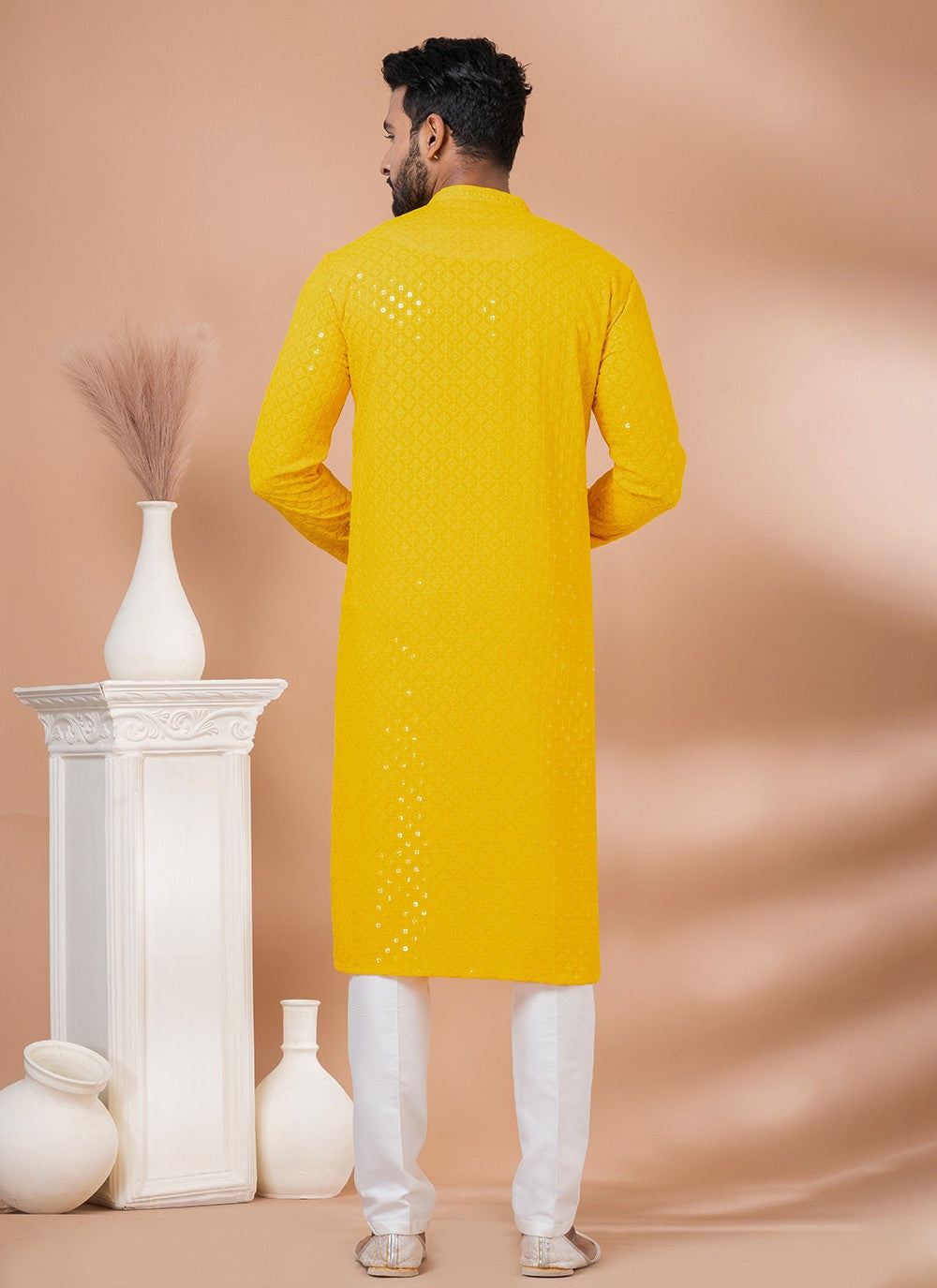 Embroidered Rayon, Viscose Yellow Kurta Pyjama - M7015