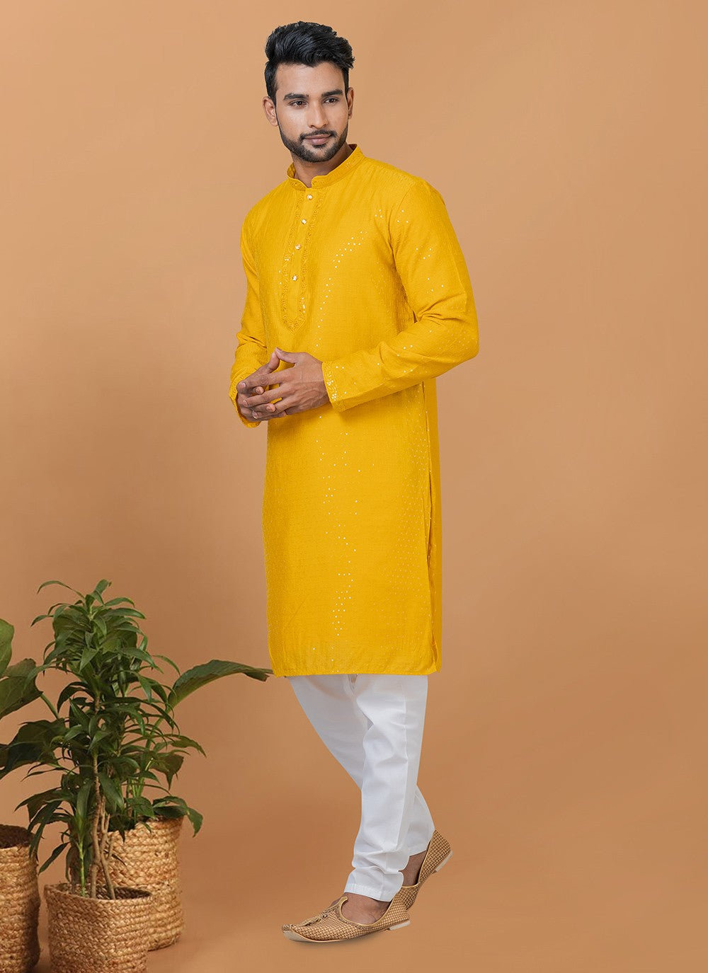 Embroidered Cotton , Viscose Yellow Kurta Pyjama - M6249