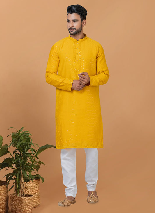 Embroidered Cotton , Viscose Yellow Kurta Pyjama - M6249