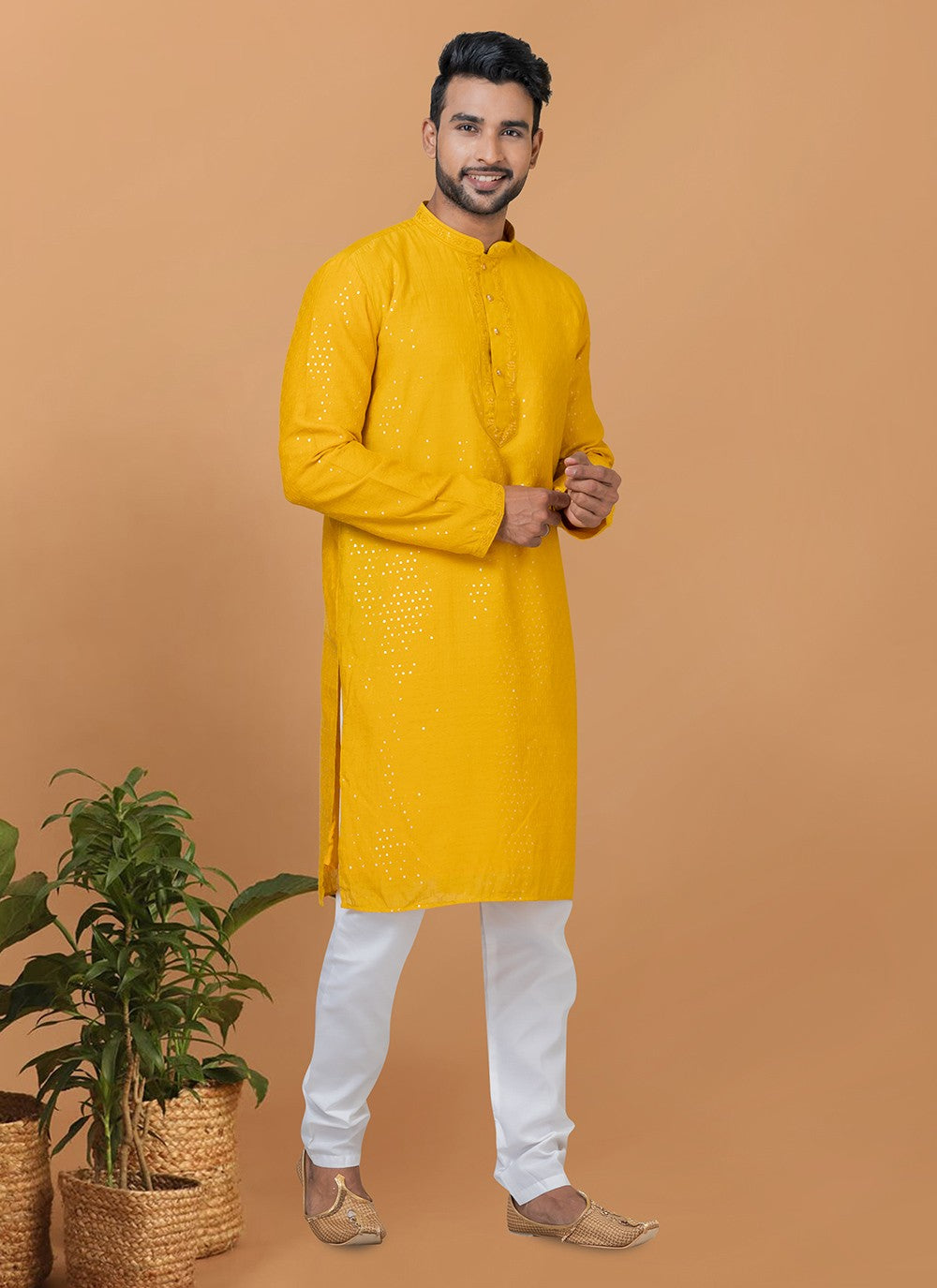 Embroidered Cotton , Viscose Yellow Kurta Pyjama - M6249