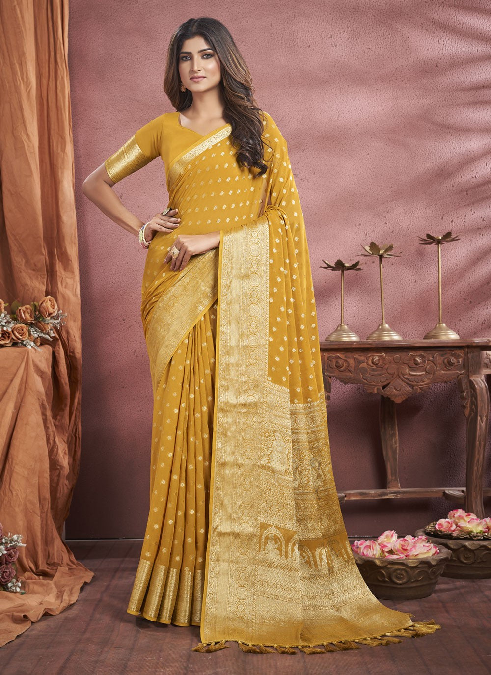 Saree Weaving Zari Georgette, Viscose Saree - S4190