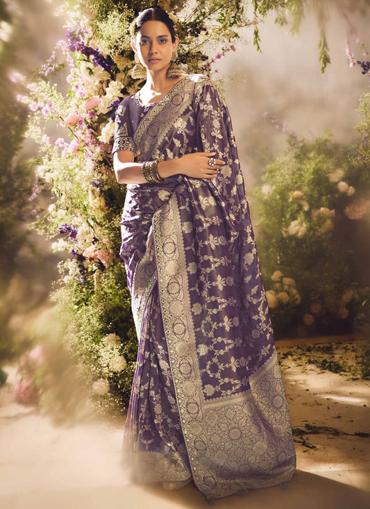 Classic Border Work Silk Purple Saree - S11268