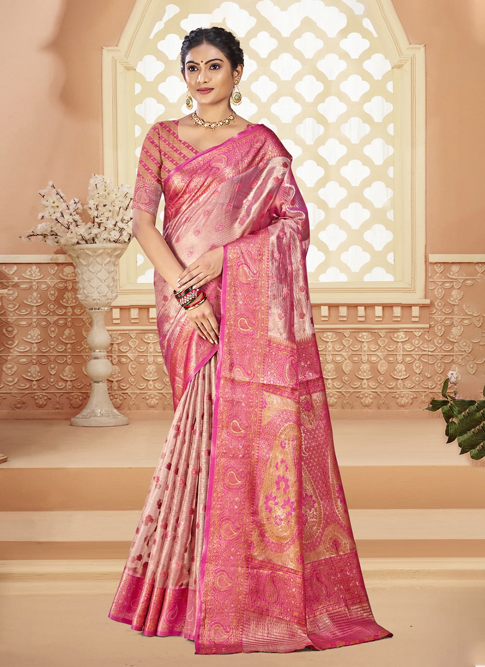 Classic Weaving Zari Silk Pink Saree - S11063