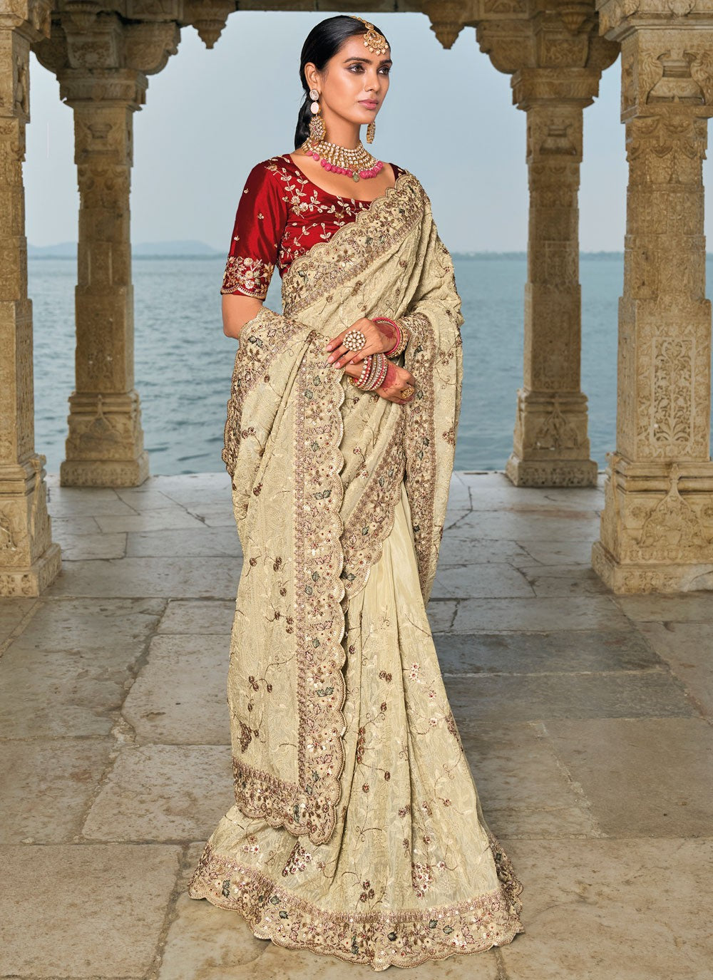 Classic Embroidered Kanjivaram Silk Cream Saree - S10755