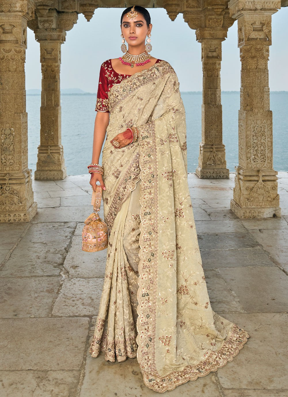 Classic Embroidered Kanjivaram Silk Cream Saree - S10755