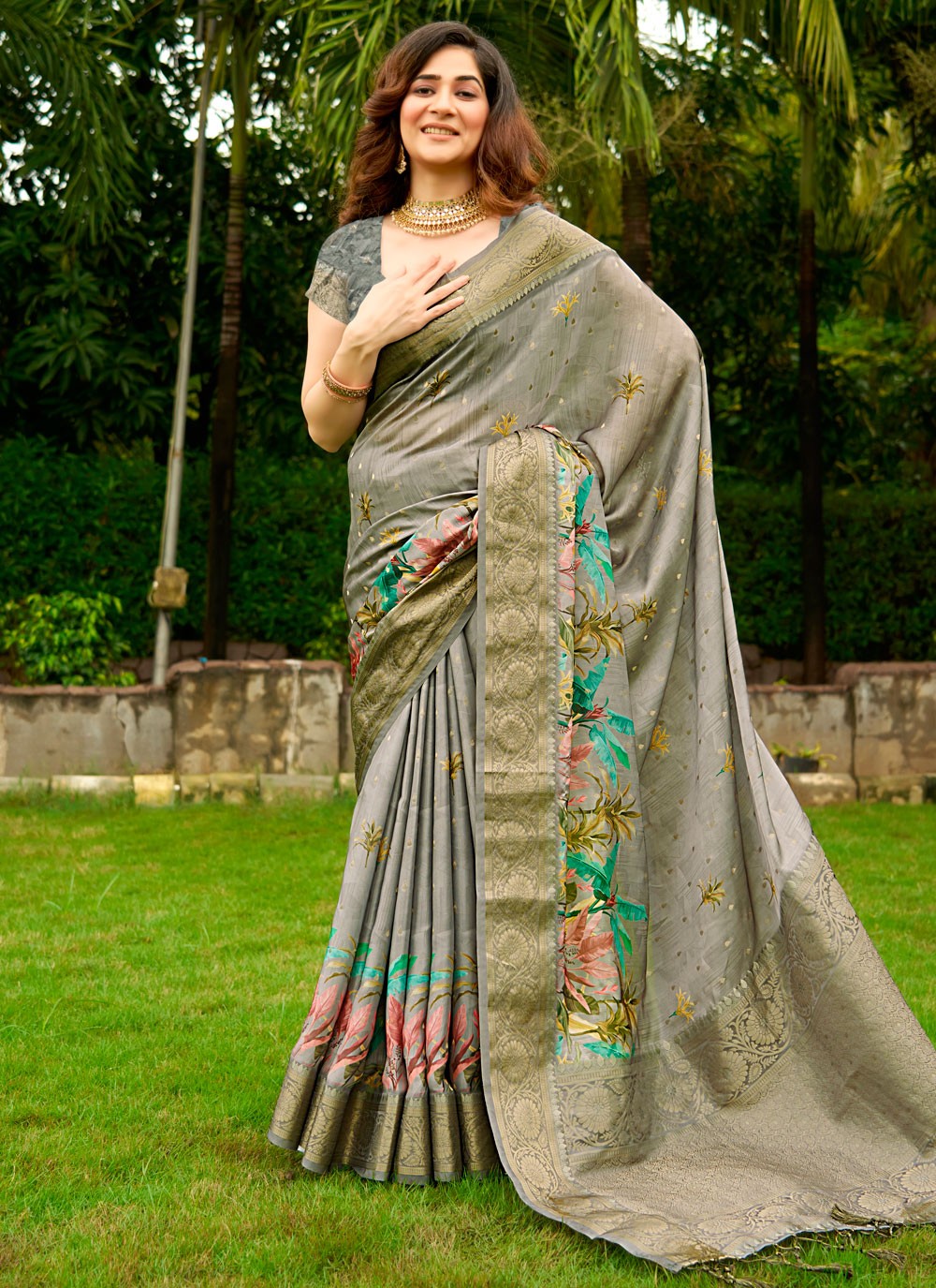 Classic Digital Print Satin Saree - S8935