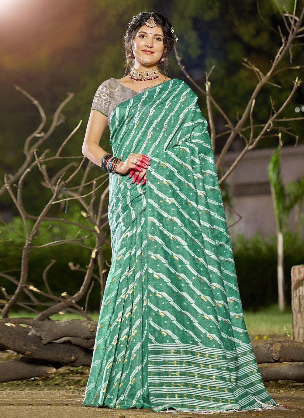 Casual Weaving Zari Cotton , Linen Sea Green Saree - S11461