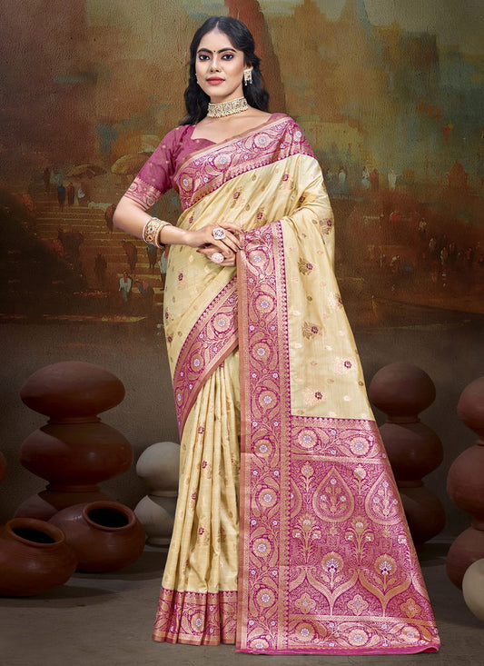 Trendy Weaving Zari Silk Cream, Purple Saree - S11027