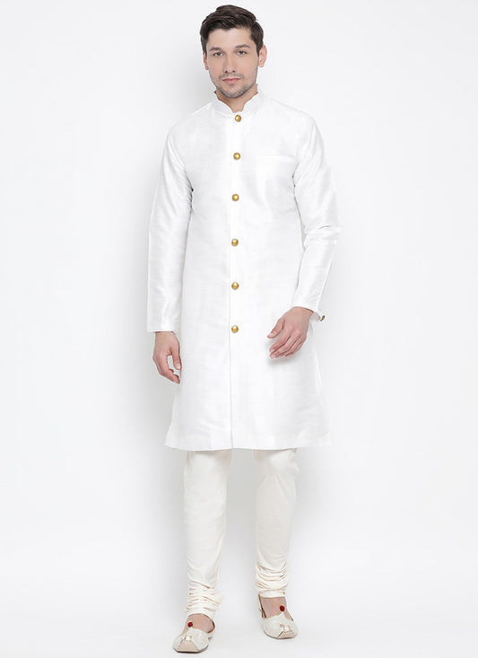 Plain Banarasi Silk White Kurta Pyjama - M1360