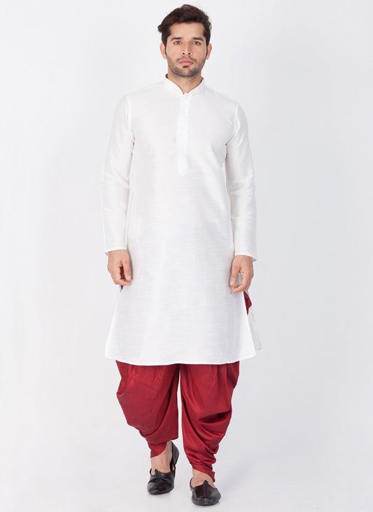 Plain Banarasi Silk White Dhoti Kurta - M1352