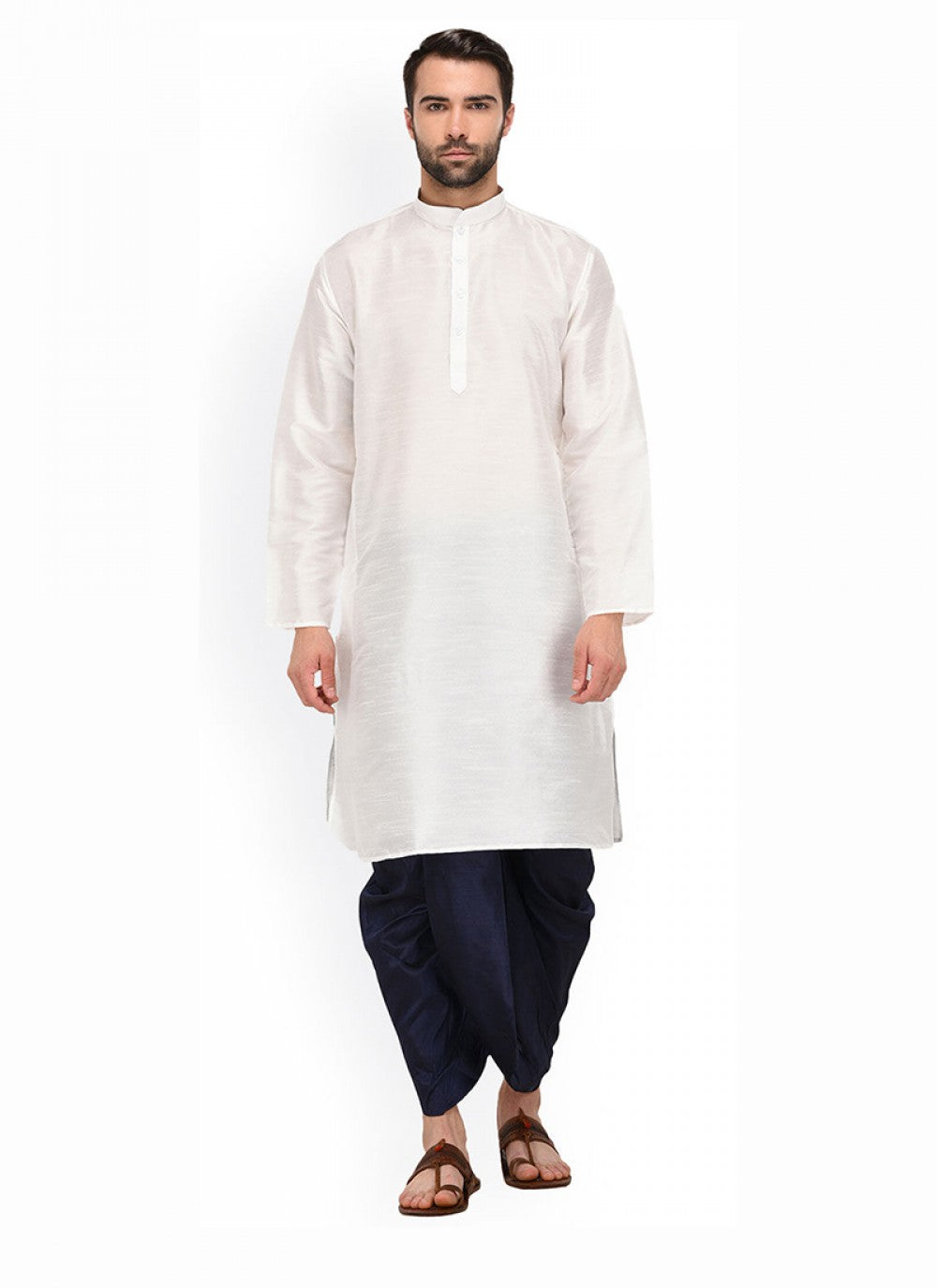 Plain Banarasi Silk White Dhoti Kurta - M1364