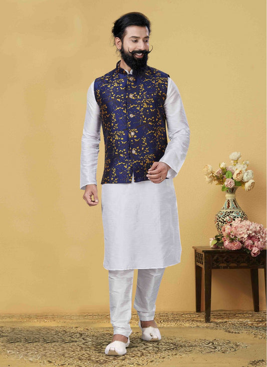 Printed Art Dupion Silk White Kurta Payjama With Jacket - M1718