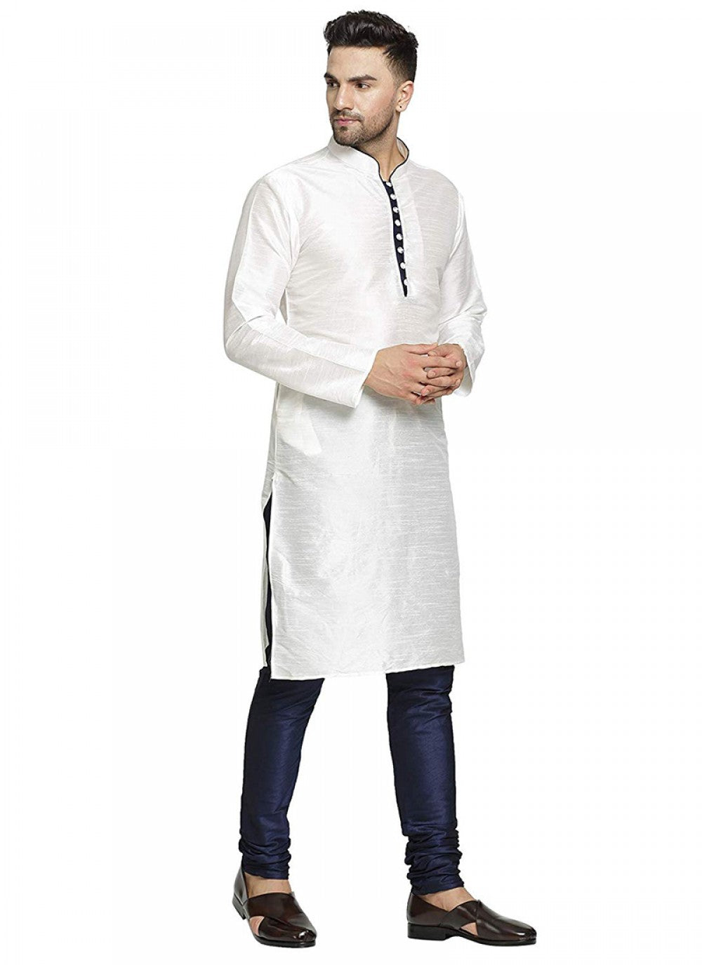 Plain Art Dupion Silk White Kurta Pyjama - M1298