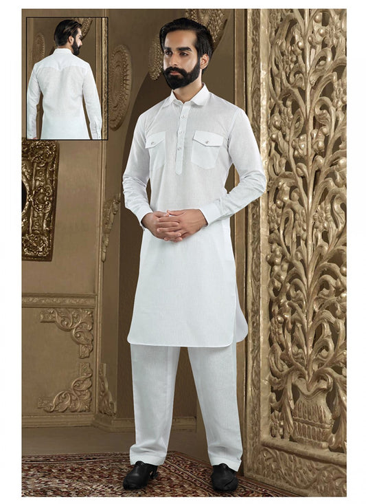 Plain Art Dupion Silk White Kurta Pyjama - M1372