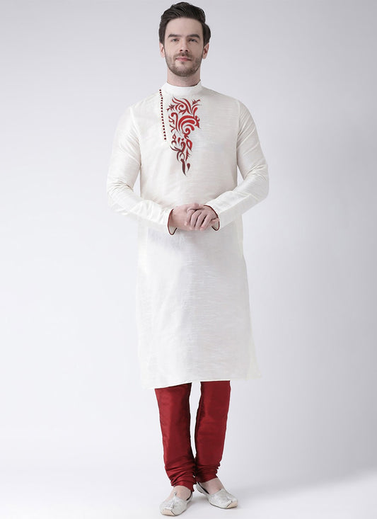 Embroidered Art Dupion Silk White Kurta Pyjama - M4217