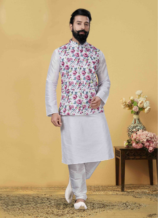 Printed Art Dupion Silk White Kurta Payjama With Jacket - M1721