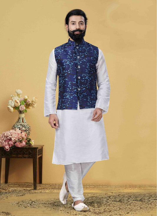 Printed Art Dupion Silk White Kurta Payjama With Jacket - M1719