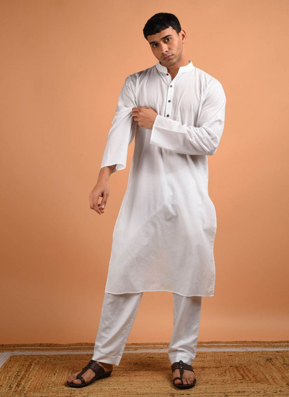 Plain Blended Cotton White Kurta Pyjama - M6181