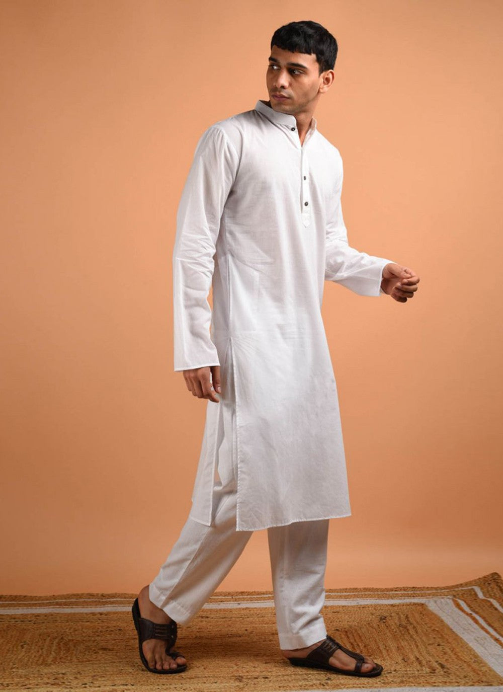 Plain Blended Cotton White Kurta Pyjama - M6181