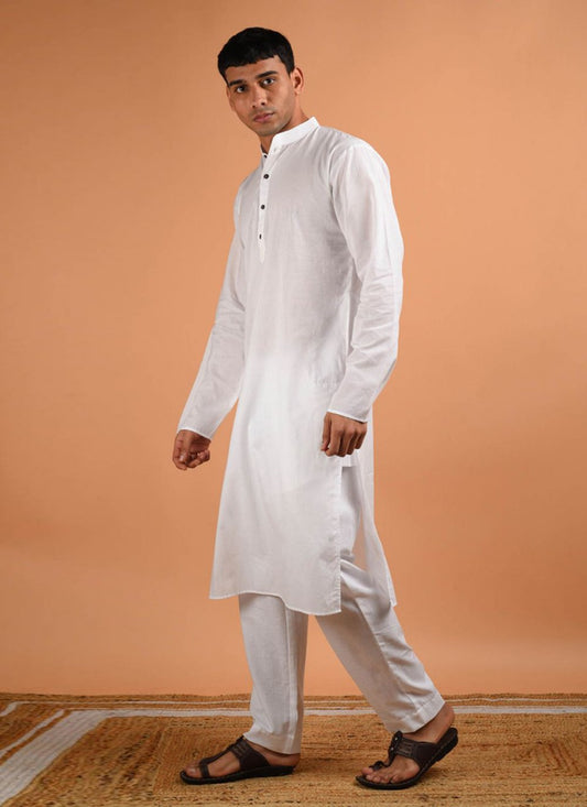 Plain Blended Cotton White Kurta Pyjama - M6181