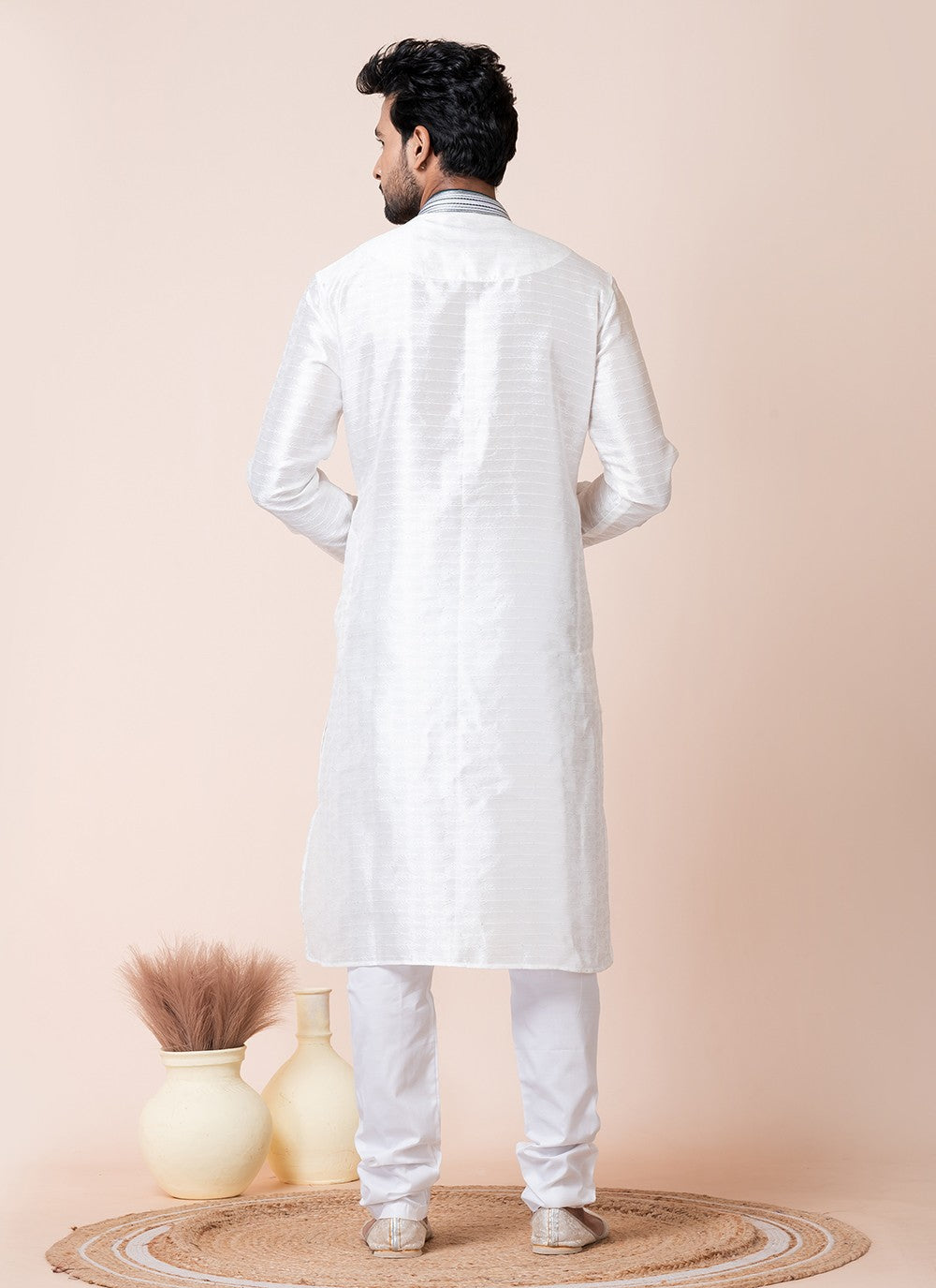 Buttons Silk White Kurta Pyjama - M8568