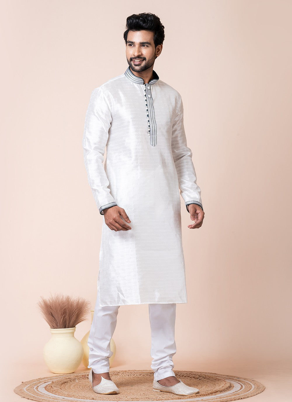 Buttons Silk White Kurta Pyjama - M8568