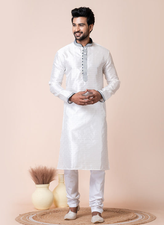 Buttons Silk White Kurta Pyjama - M8568