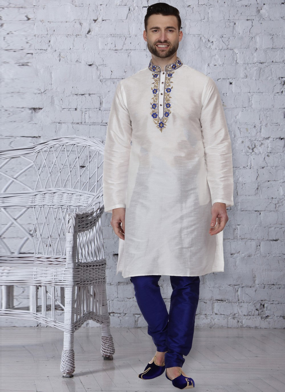 Embroidered Dupion Silk White Kurta Pyjama - M1086