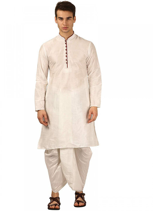 Plain Art Dupion Silk White Dhoti Kurta - M1144