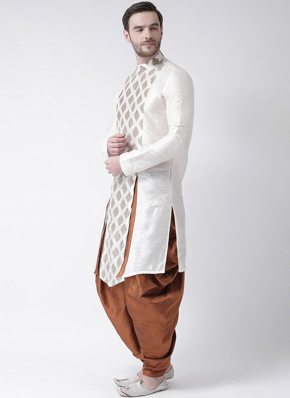 Fancy Work Dupion Silk White Indo Western - M5218