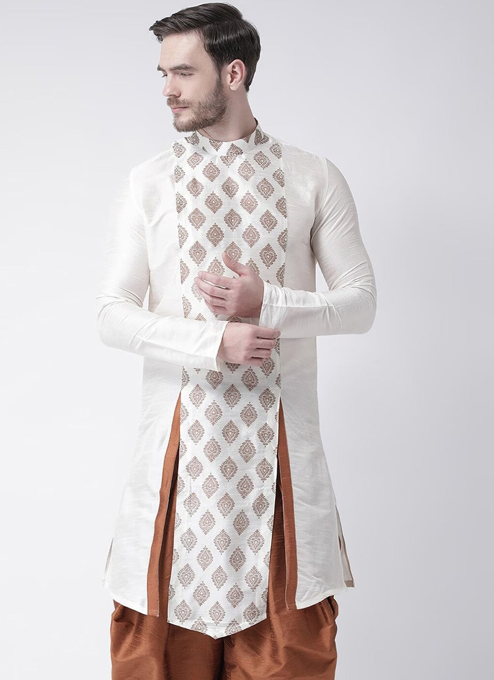 Fancy Work Dupion Silk White Indo Western - M5218