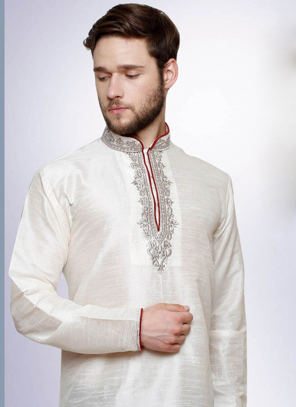 Embroidered Art Dupion Silk White Kurta - M1213