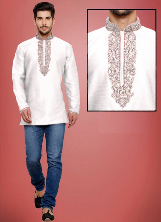 Embroidered Art Dupion Silk White Kurta - M1238