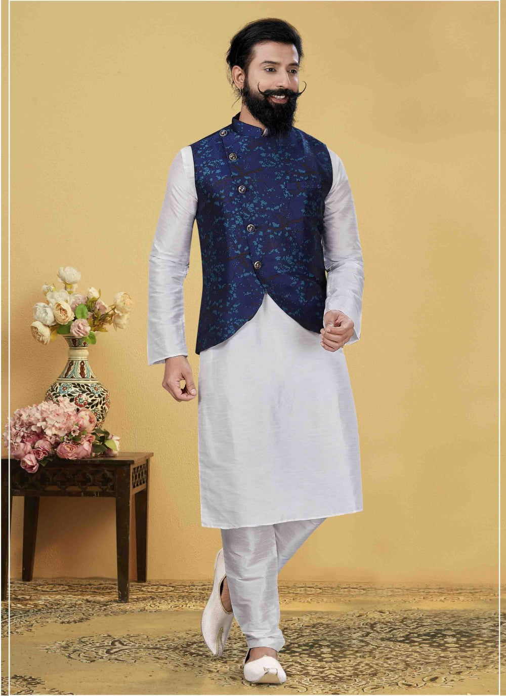 Printed Art Dupion Silk White Kurta Payjama With Jacket - M1717