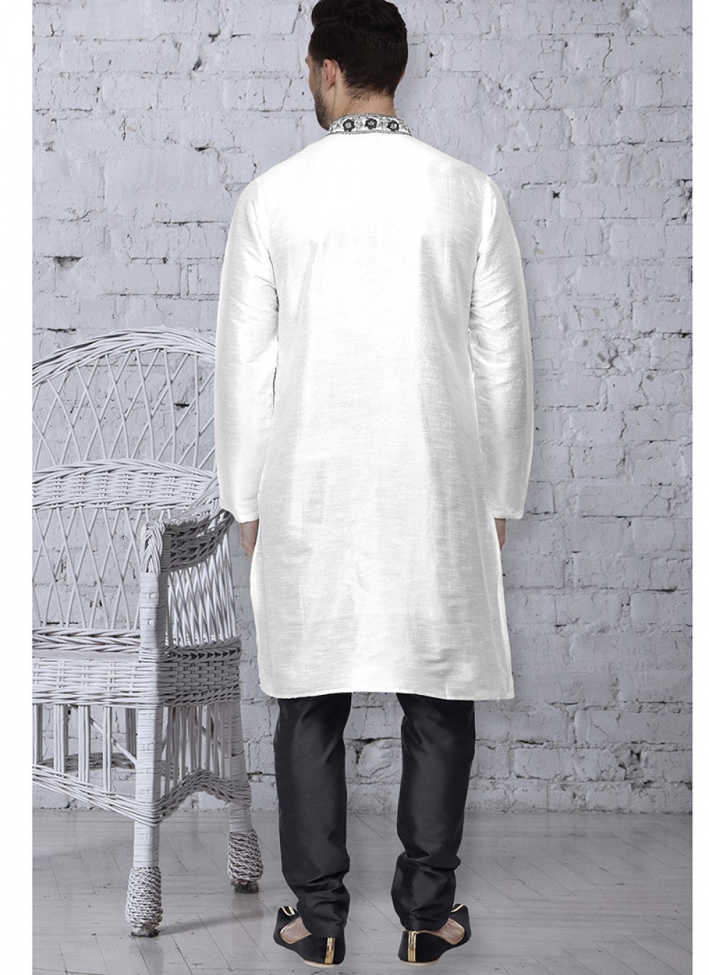 Embroidered Art Dupion Silk White Kurta Pyjama - M1491