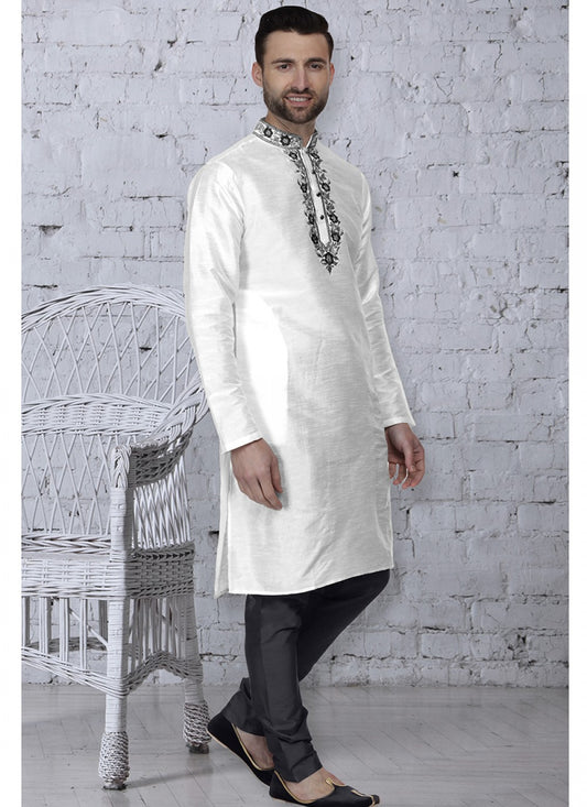 Embroidered Art Dupion Silk White Kurta Pyjama - M1491