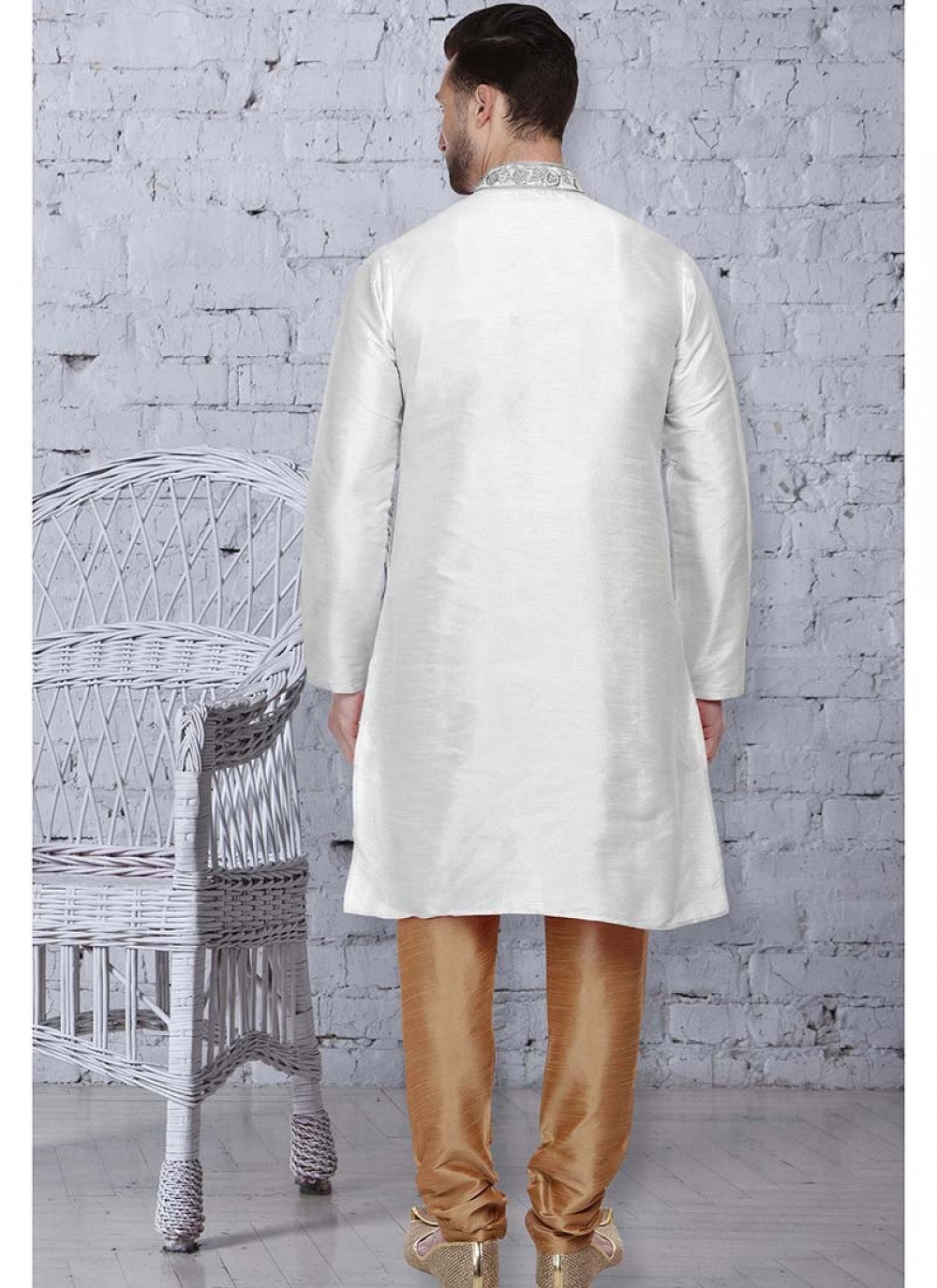 Embroidered Art Dupion Silk White Kurta Pyjama - M1534