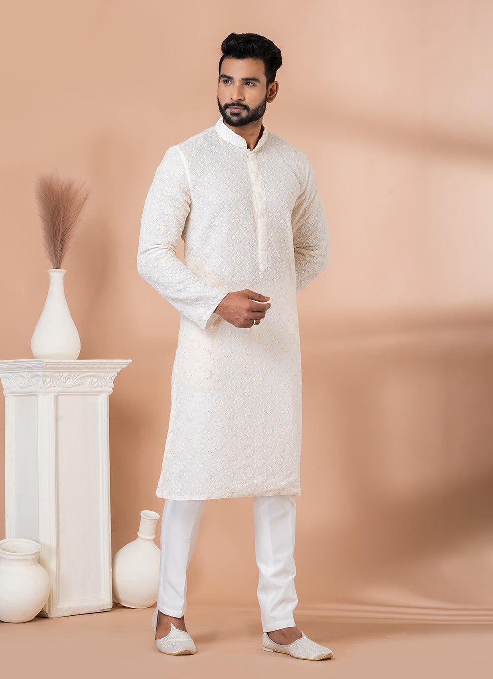 Embroidered Georgette White Kurta Pyjama - M6829