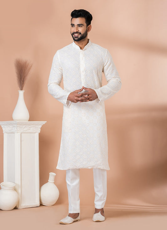 Embroidered Georgette White Kurta Pyjama - M6829