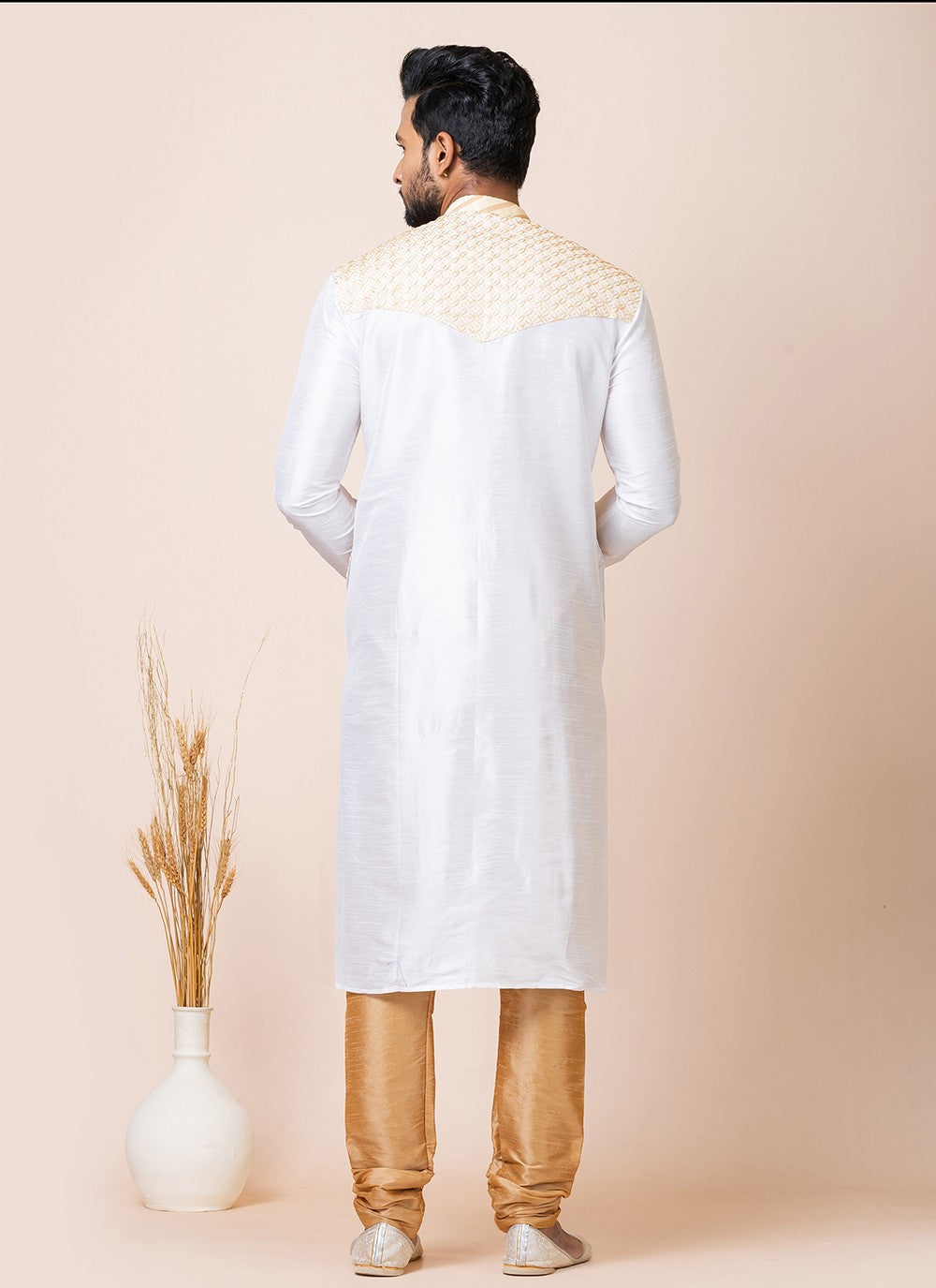 Embroidered Banarasi Silk White Kurta Pyjama - M7525