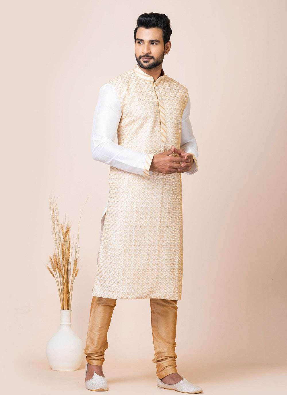 Embroidered Banarasi Silk White Kurta Pyjama - M7525