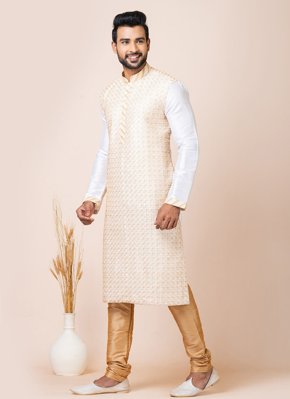 Embroidered Banarasi Silk White Kurta Pyjama - M7525