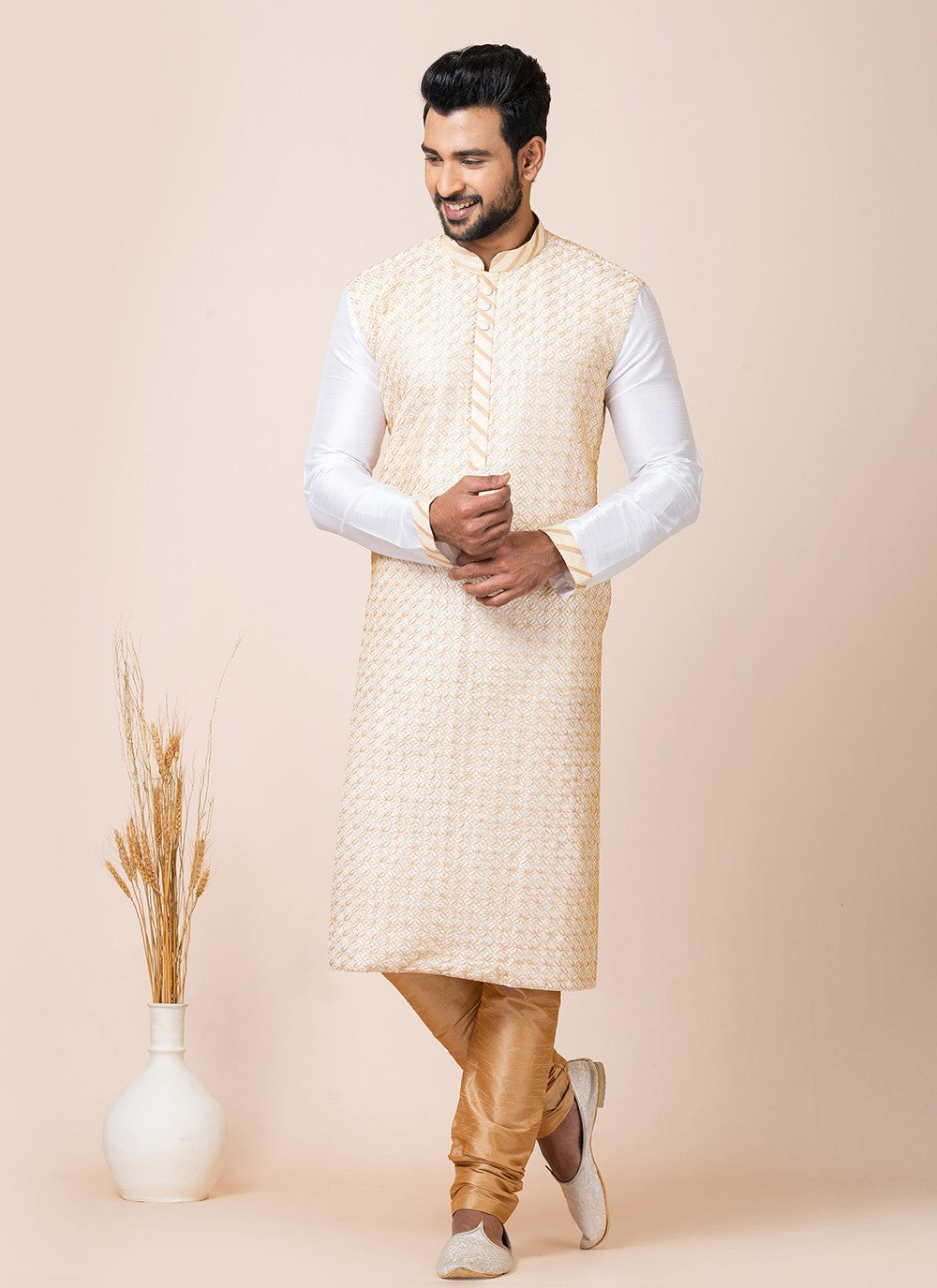 Embroidered Banarasi Silk White Kurta Pyjama - M7525