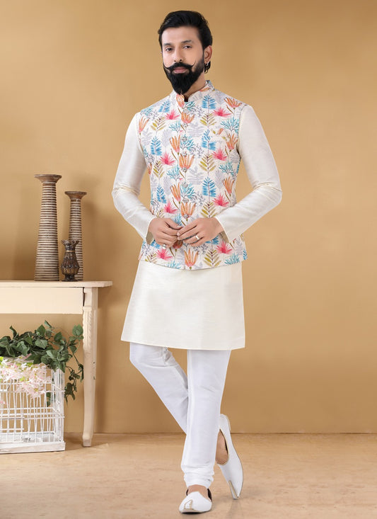 Printed Cotton White Nehru Jackets - M4652