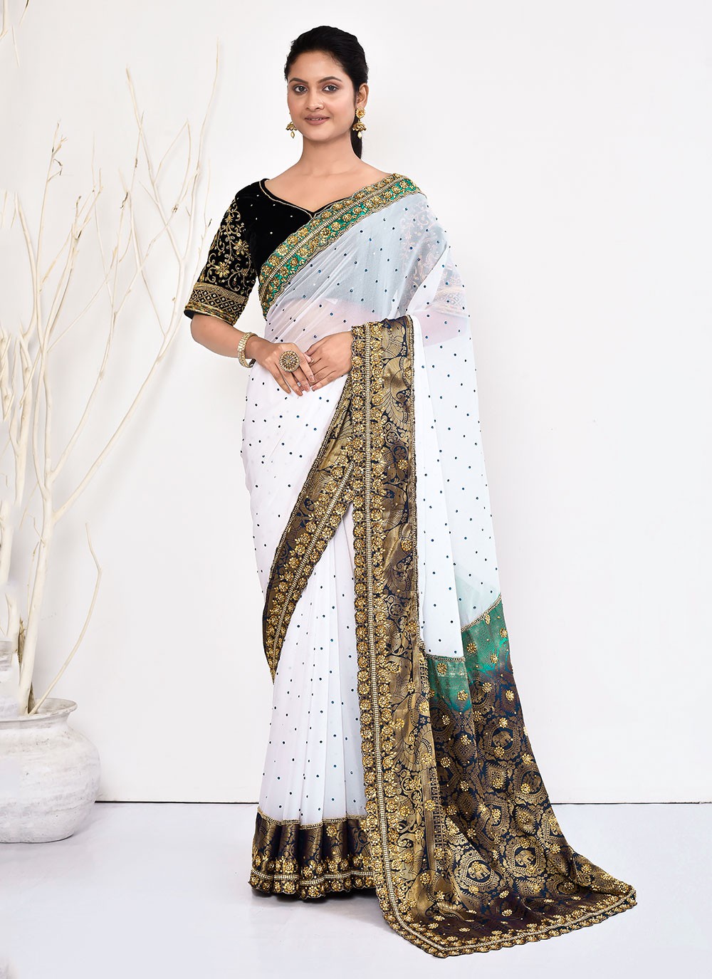 Contemporary Hand Embroidery Georgette Saree - S5499